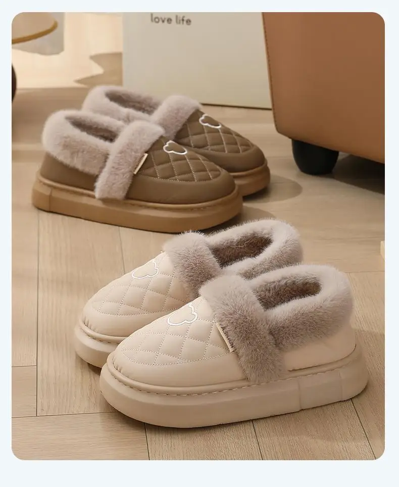 Couple Cotton Slippers for Women 2025 New Autumn and Winter Fleece-Lined Thickeneded Warm Waterproof Fur Collar Bag Heel Confinement Shoes — feature 17