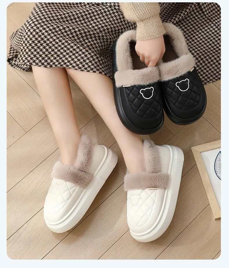 Couple Cotton Slippers for Women 2025 New Autumn and Winter Fleece-Lined Thickeneded Warm Waterproof Fur Collar Bag Heel Confinement Shoes — feature 18