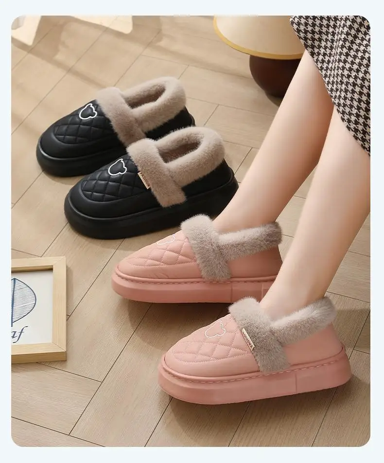 Couple Cotton Slippers for Women 2025 New Autumn and Winter Fleece-Lined Thickeneded Warm Waterproof Fur Collar Bag Heel Confinement Shoes — feature 19