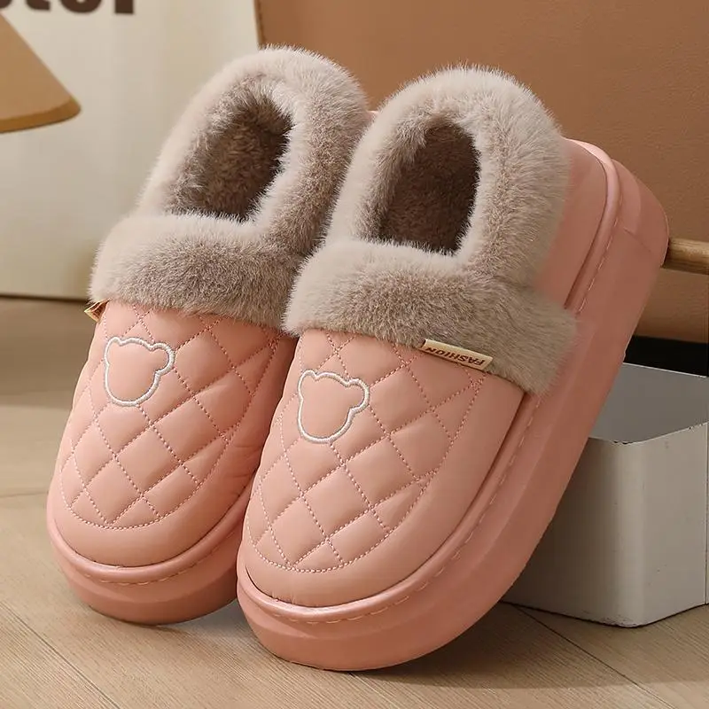 Couple Cotton Slippers for Women 2025 New Autumn and Winter Fleece-Lined Thickeneded Warm Waterproof Fur Collar Bag Heel Confinement Shoes - Image 2