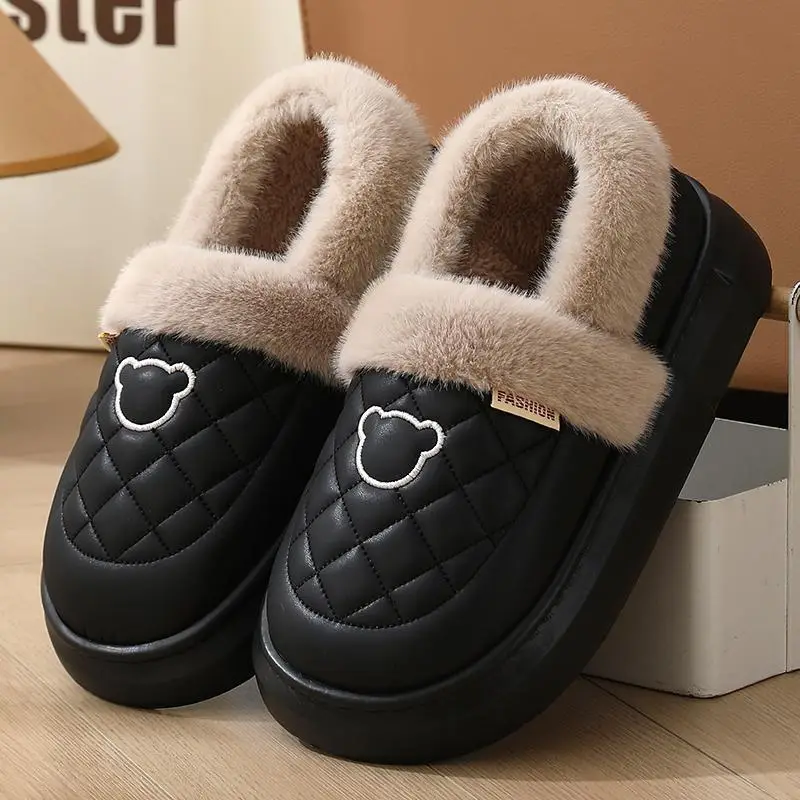 Couple Cotton Slippers for Women 2025 New Autumn and Winter Fleece-Lined Thickeneded Warm Waterproof Fur Collar Bag Heel Confinement Shoes - Image 3