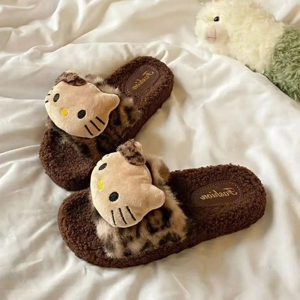 Cute Leopard Print Furry Slippers for Women 2024 New Autumn and Winter Home Indoor Non-Slip Supermarket Wholesale Cotton Slippers for Women