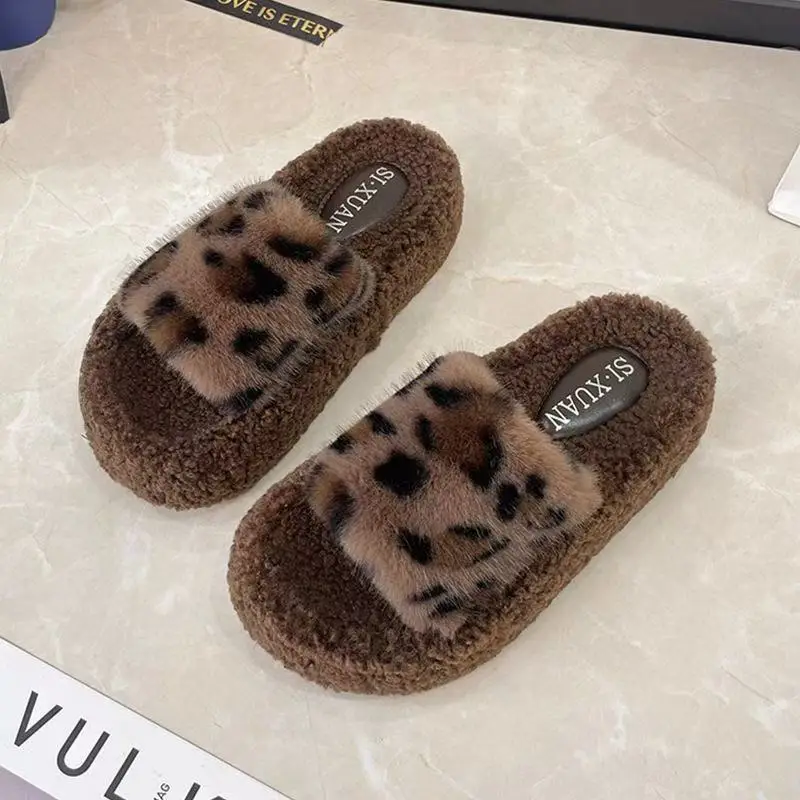 Cute Leopard Print Furry Slippers for Women 2024 New Autumn and Winter Home Indoor Non-Slip Supermarket Wholesale Cotton Slippers for Women