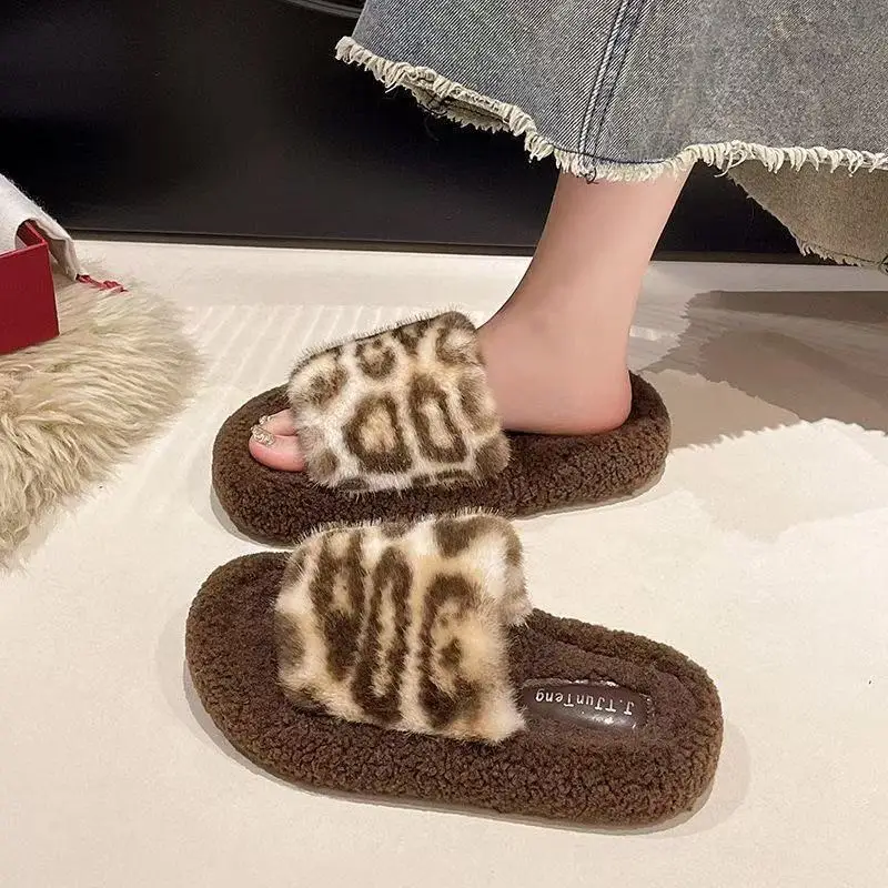 Cute Leopard Print Furry Slippers for Women 2024 New Autumn and Winter Home Indoor Non-Slip Supermarket Wholesale Cotton Slippers for Women