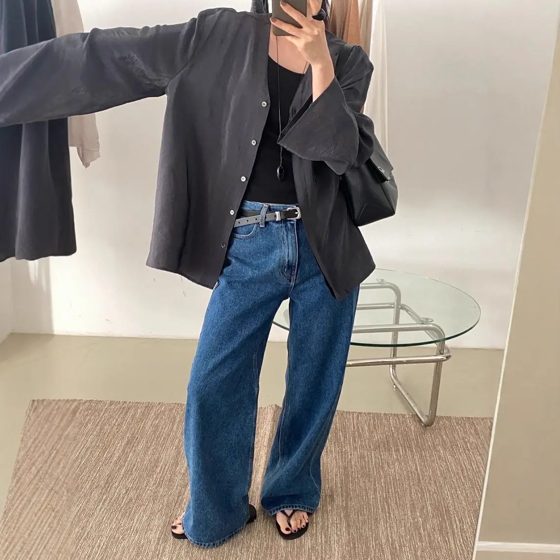 Women Blue Wide Leg Jeans with High Waist Korean Style Outfit