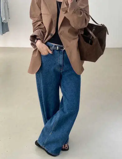 Women Blue Wide Leg Jeans with High Waist Korean Style Outfit — feature 1