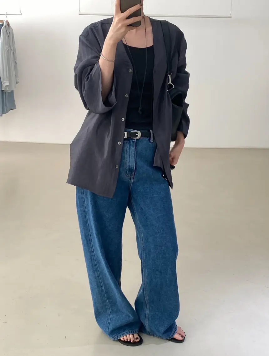 Women Blue Wide Leg Jeans with High Waist Korean Style Outfit — feature 13