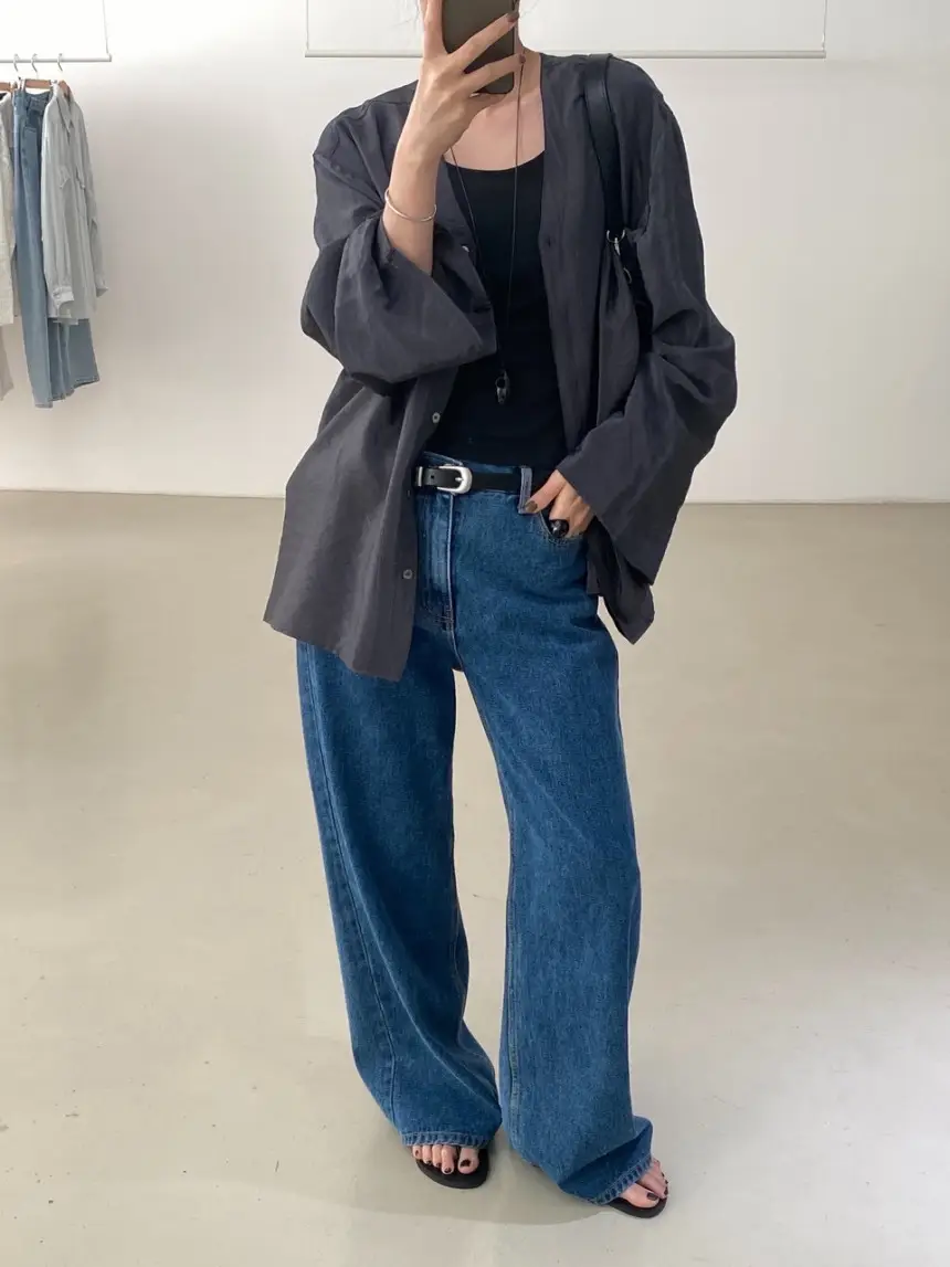 Women Blue Wide Leg Jeans with High Waist Korean Style Outfit — feature 14
