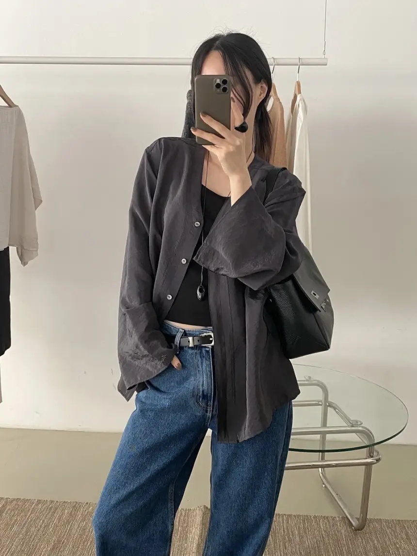 Women Blue Wide Leg Jeans with High Waist Korean Style Outfit — feature 17