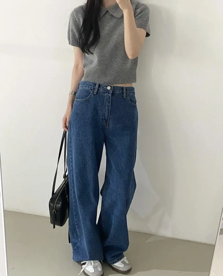 Women Blue Wide Leg Jeans with High Waist Korean Style Outfit — feature 29
