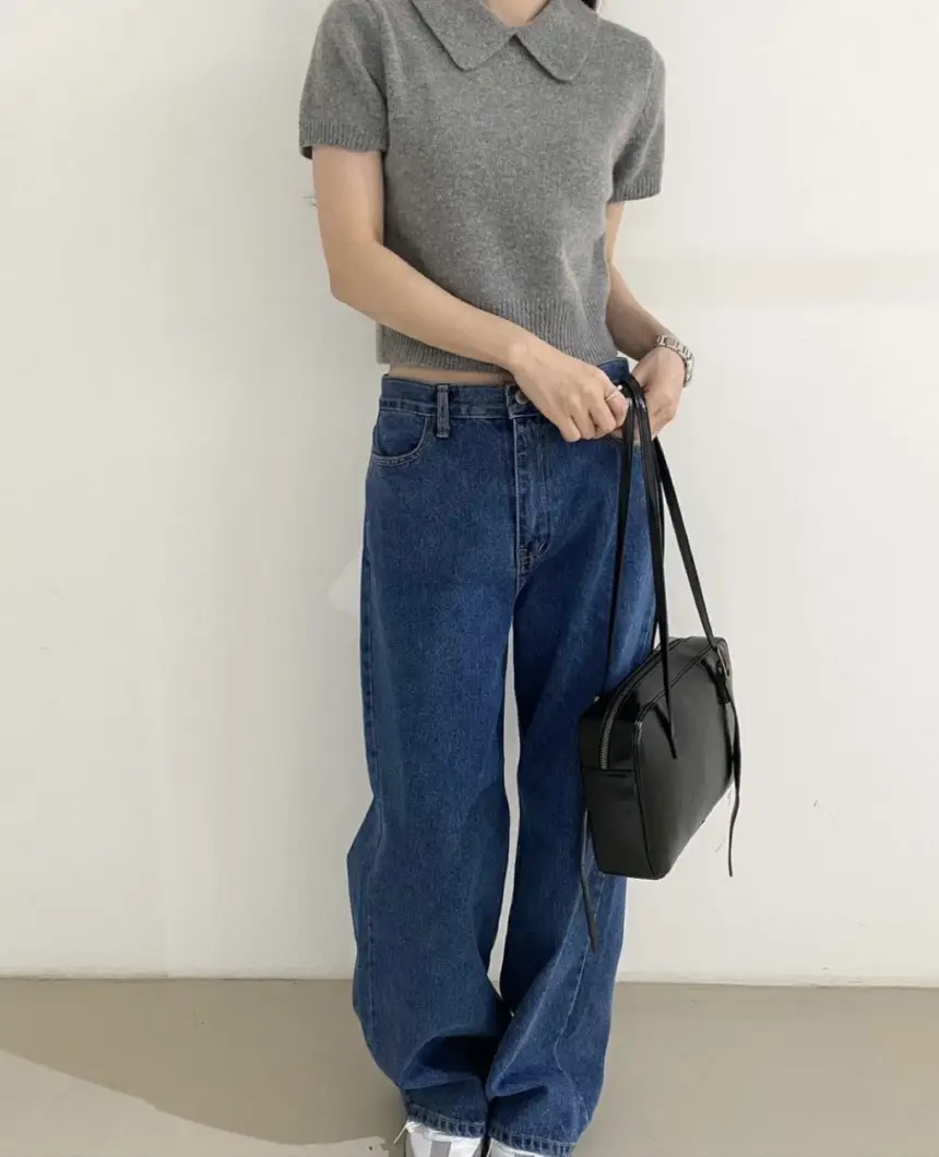 Women Blue Wide Leg Jeans with High Waist Korean Style Outfit — feature 31