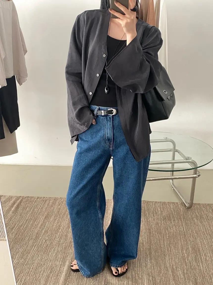 Women Blue Wide Leg Jeans with High Waist Korean Style Outfit — feature 9