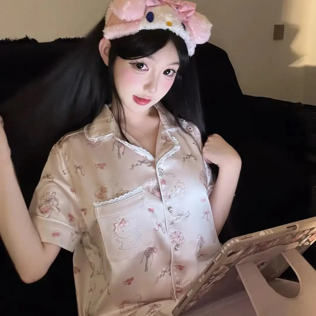 Ice Silk Pajamas for Women for All Seasons, New Cute Deer, Sweet Lace Home Clothes, Thin Casual Gift Set Plus Hair Tie