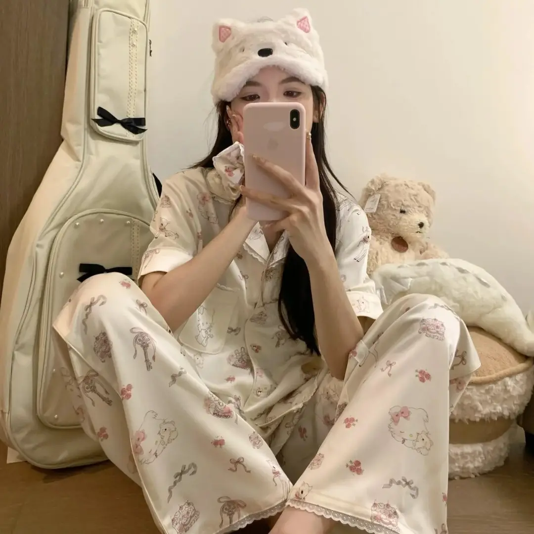Ice Silk Pajamas for Women for All Seasons, New Cute Deer, Sweet Lace Home Clothes, Thin Casual Gift Set Plus Hair Tie