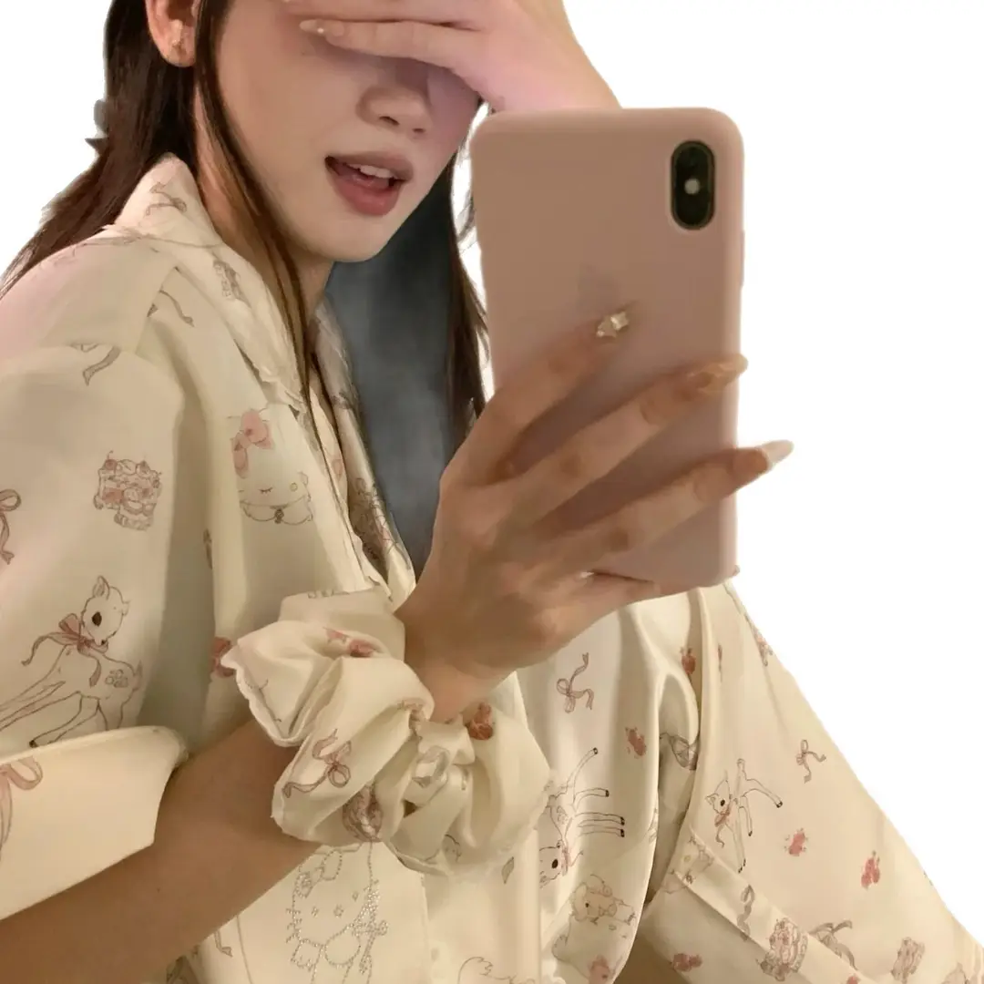 Ice Silk Pajamas for Women for All Seasons, New Cute Deer, Sweet Lace Home Clothes, Thin Casual Gift Set Plus Hair Tie
