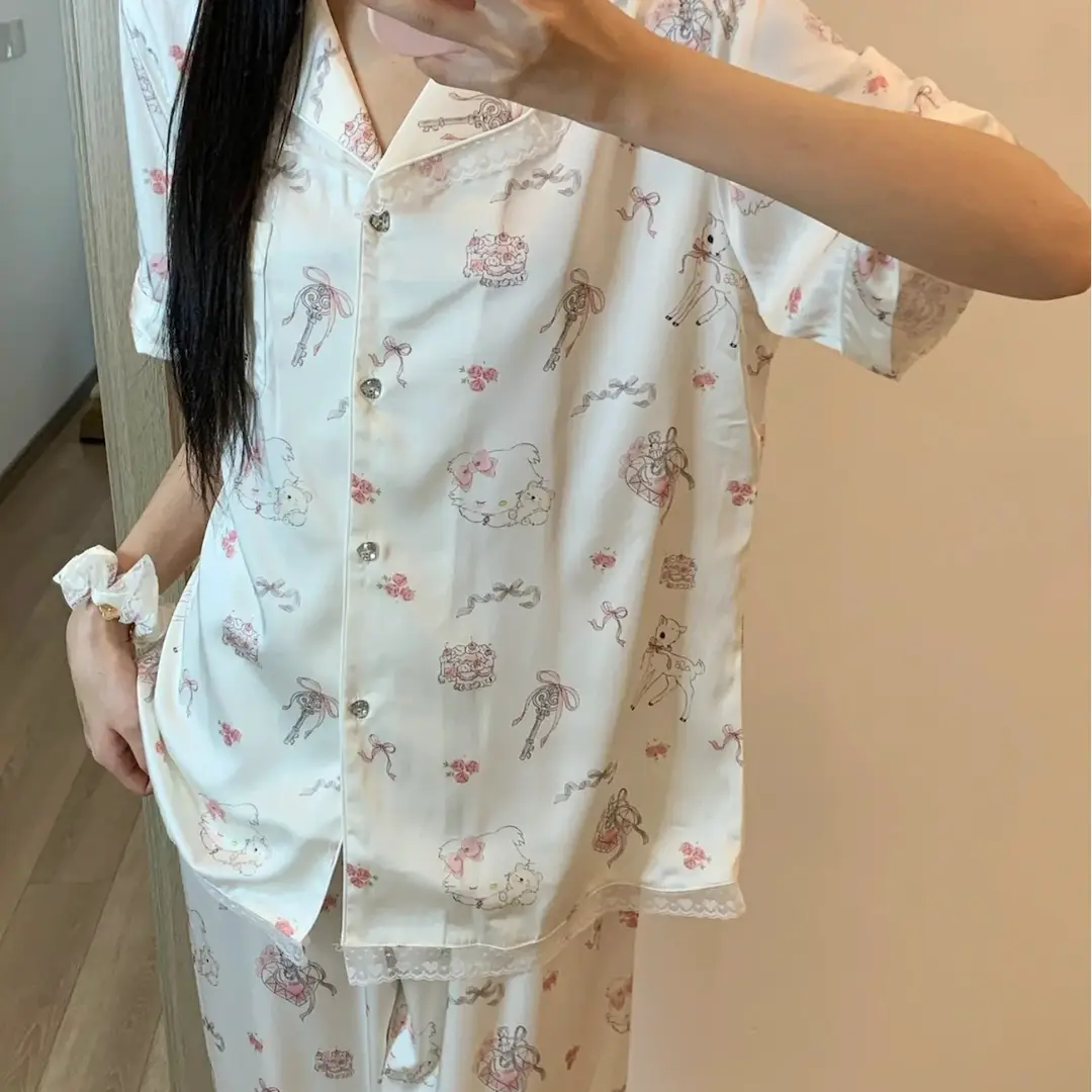 Ice Silk Pajamas for Women for All Seasons, New Cute Deer, Sweet Lace Home Clothes, Thin Casual Gift Set Plus Hair Tie — feature 10