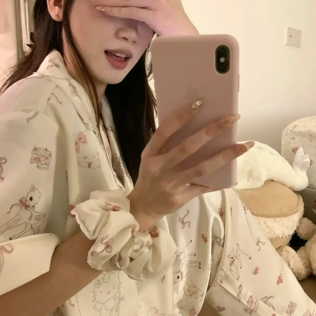 Ice Silk Pajamas for Women for All Seasons, New Cute Deer, Sweet Lace Home Clothes, Thin Casual Gift Set Plus Hair Tie — feature 7