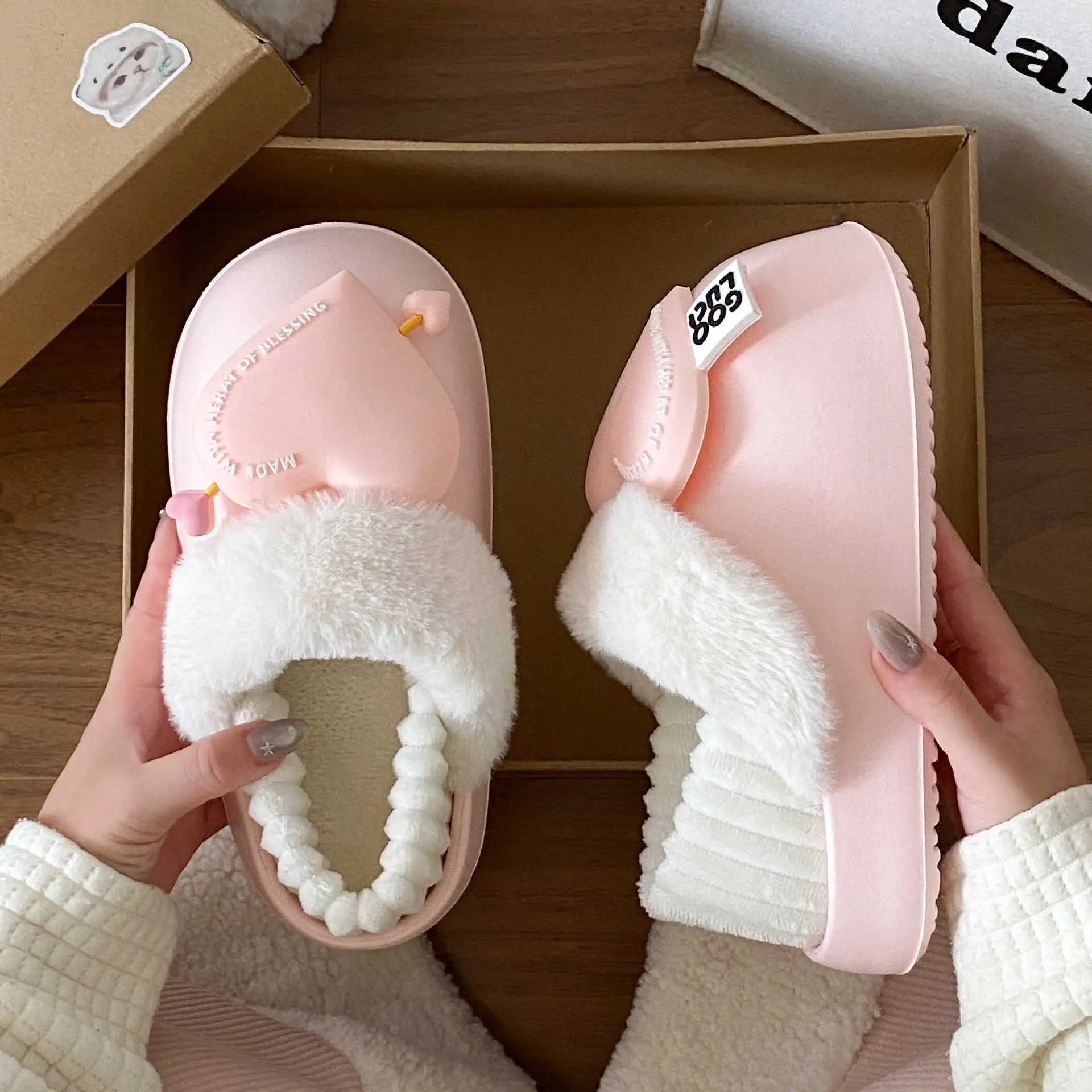 Women's Pink Heart Furry Cotton Slippers Winter Warm - Image 5