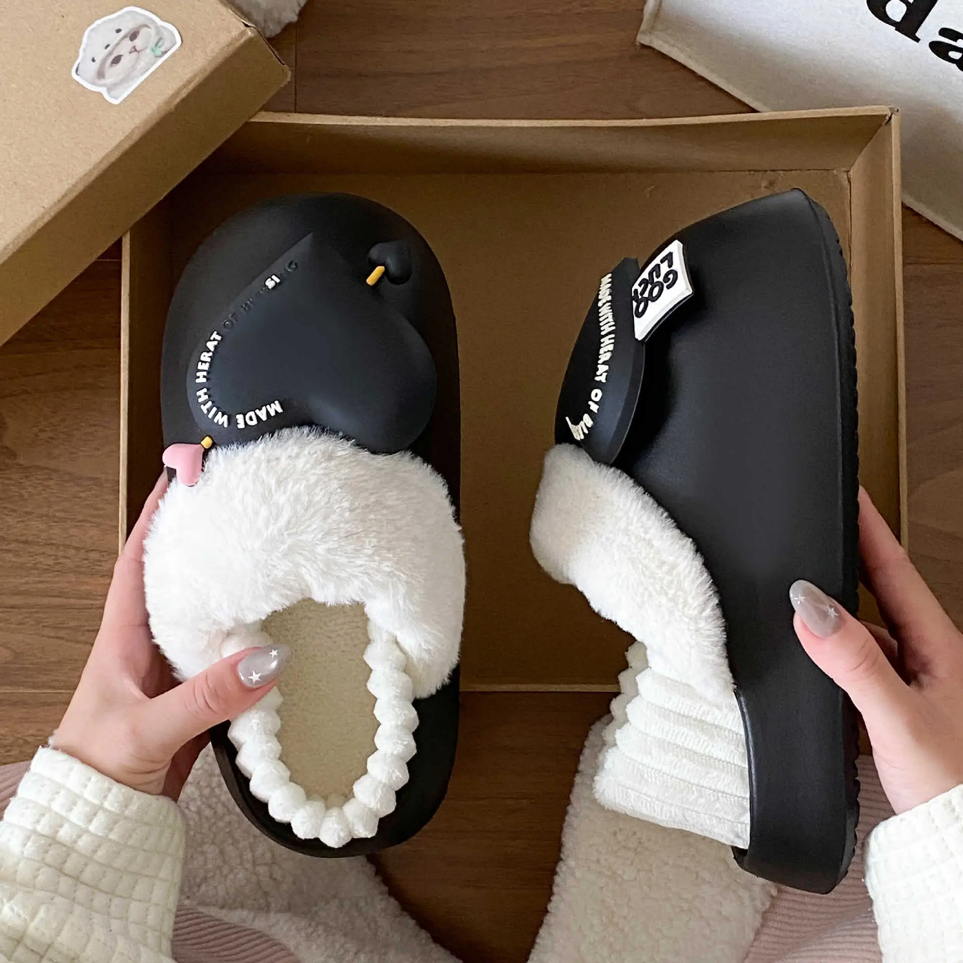 Women's Pink Heart Furry Cotton Slippers Winter Warm - Image 6