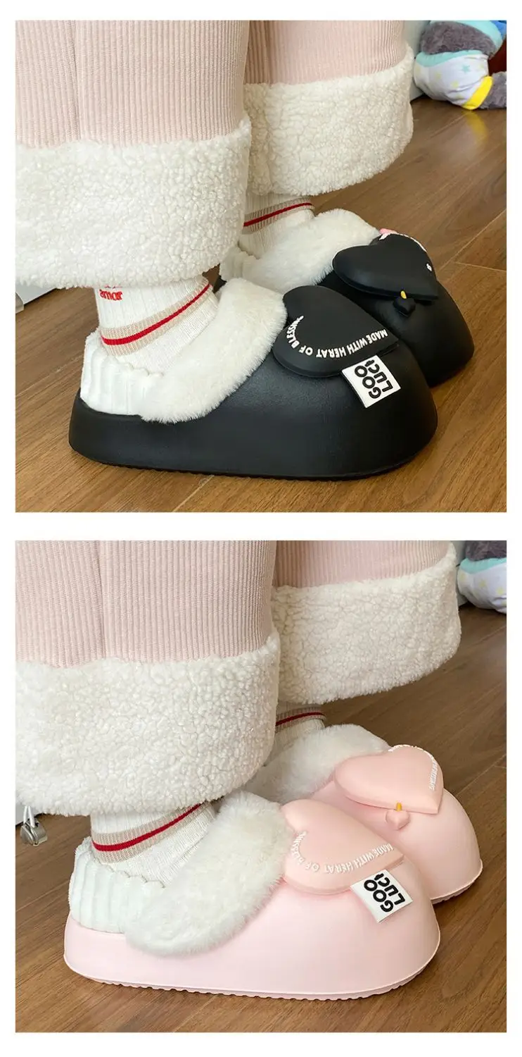 Women's Pink Heart Furry Cotton Slippers Winter Warm — feature 18