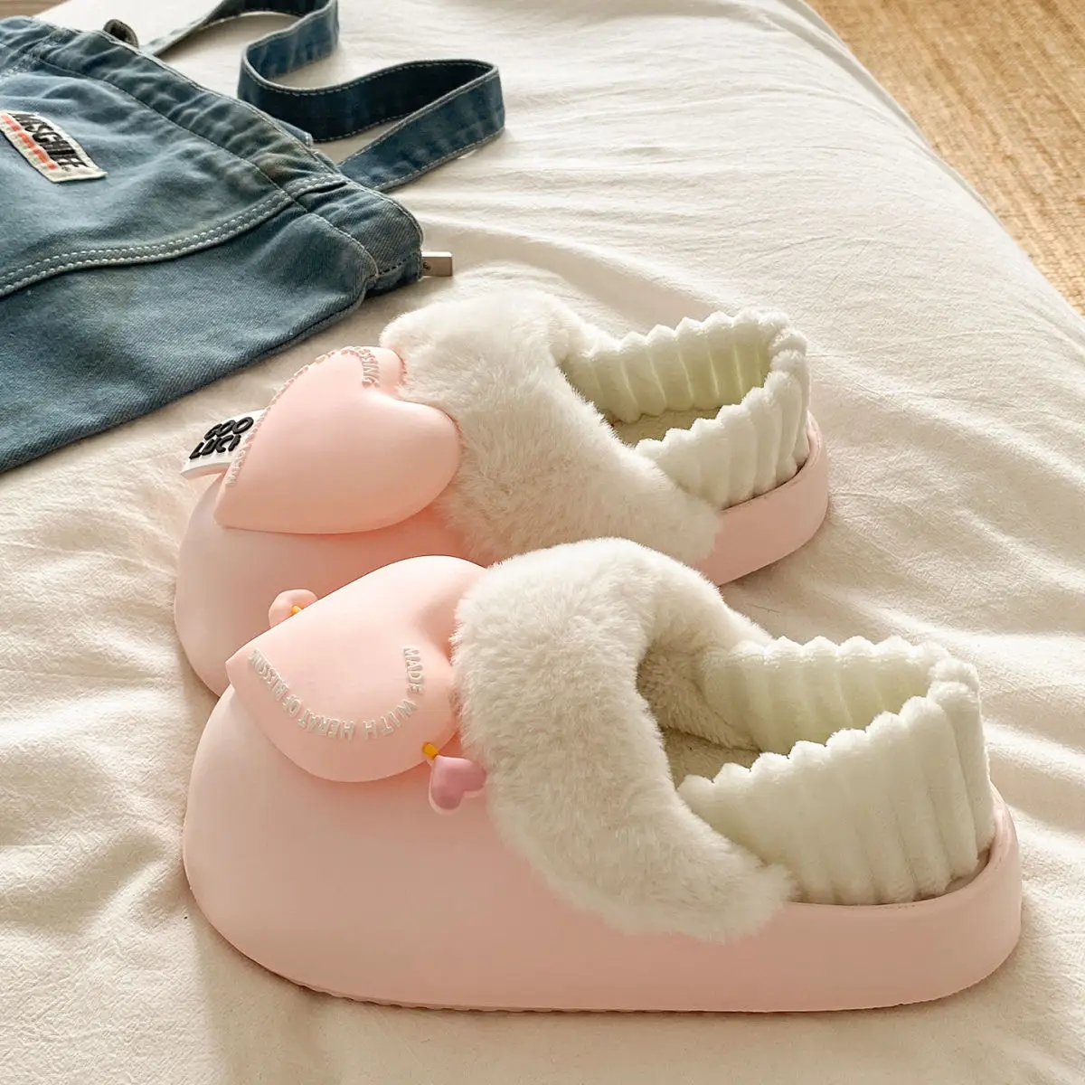 Women's Pink Heart Furry Cotton Slippers Winter Warm — feature 23