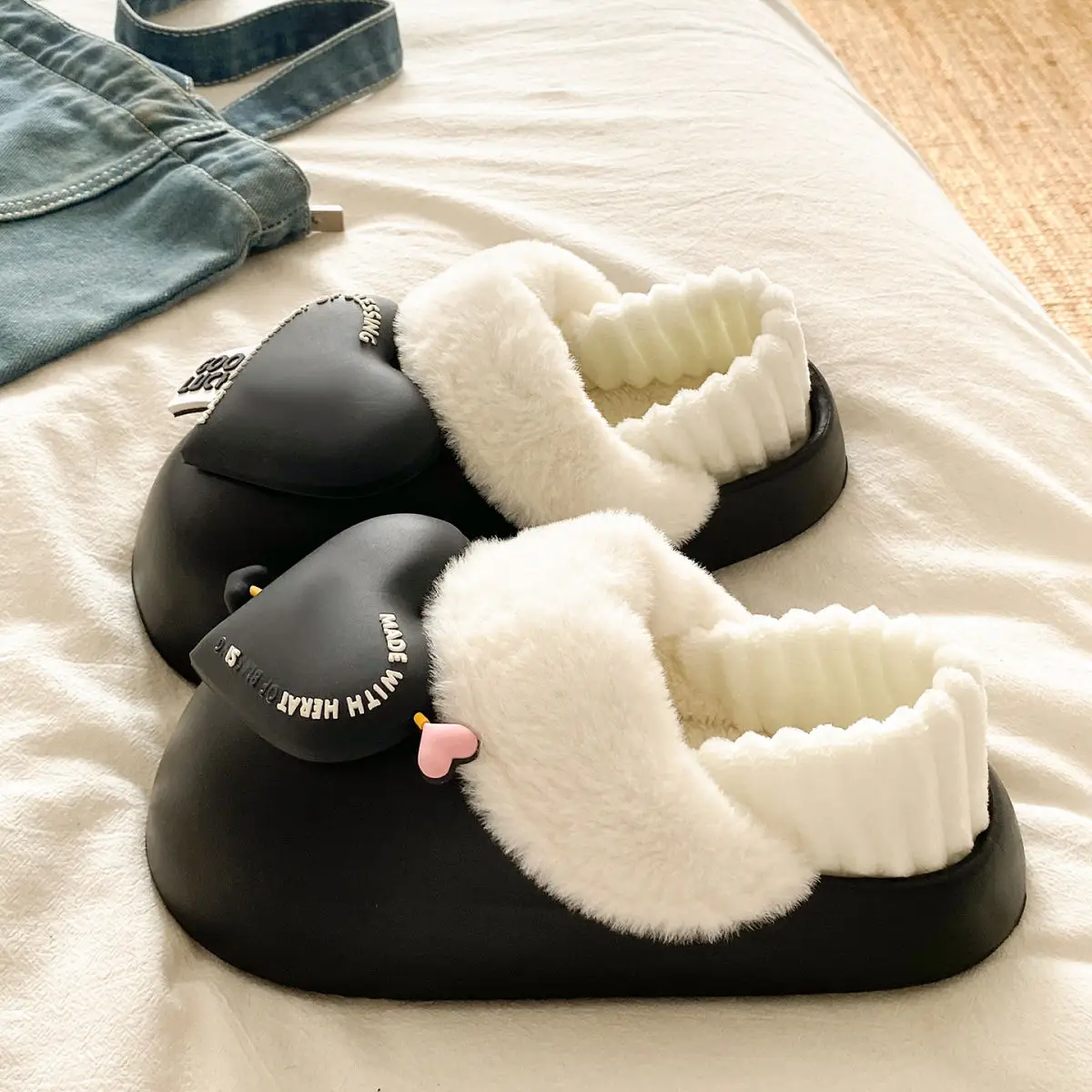 Women's Pink Heart Furry Cotton Slippers Winter Warm — feature 24
