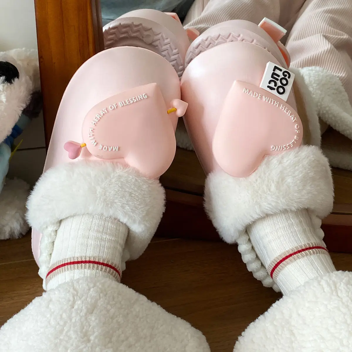 Women's Pink Heart Furry Cotton Slippers Winter Warm — feature 26