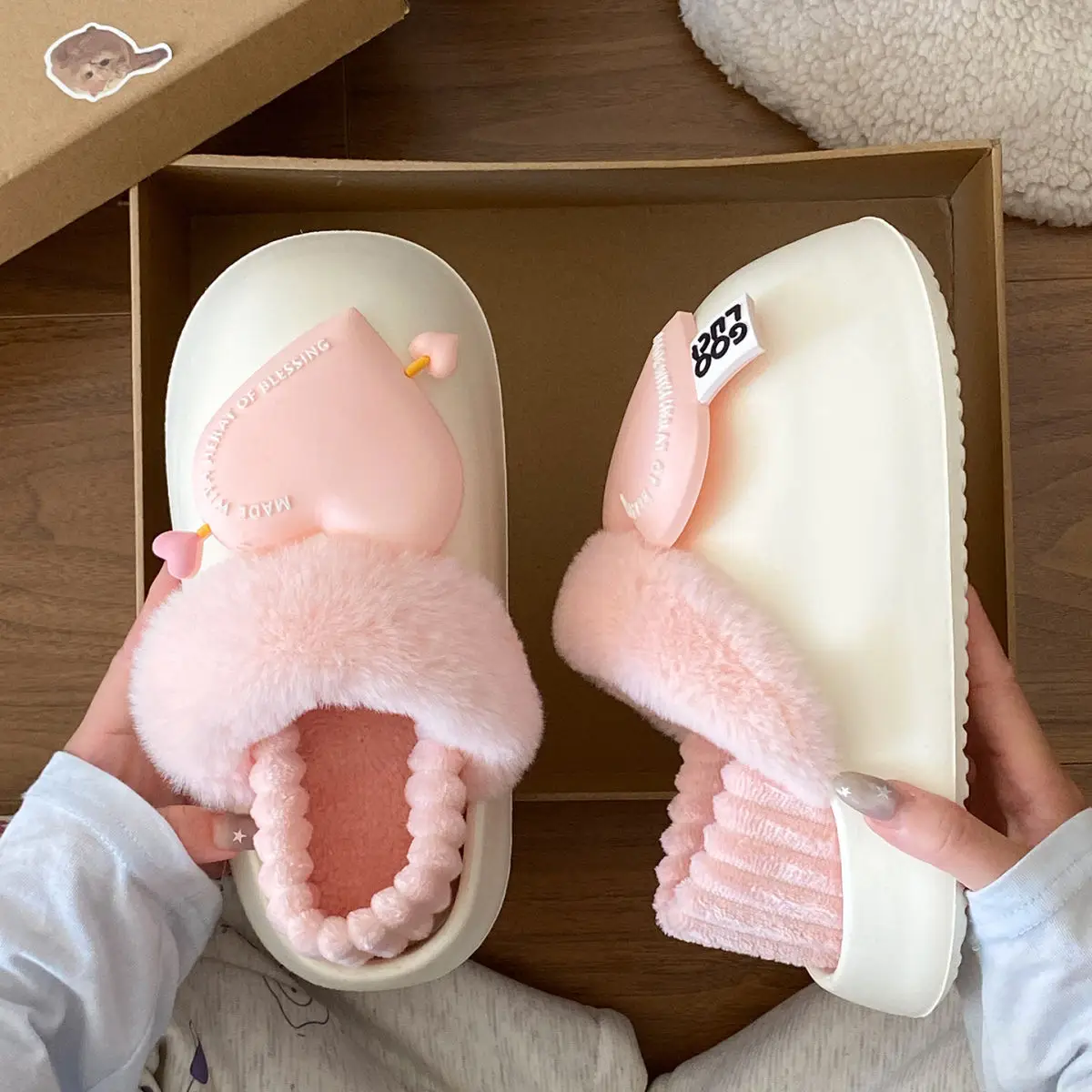 Women's Pink Heart Furry Cotton Slippers Winter Warm — feature 30