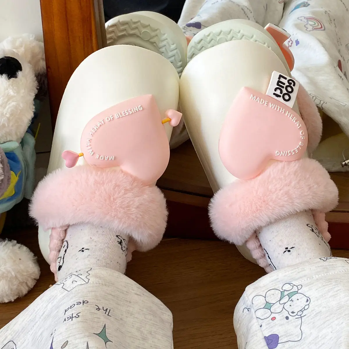 Women's Pink Heart Furry Cotton Slippers Winter Warm — feature 31
