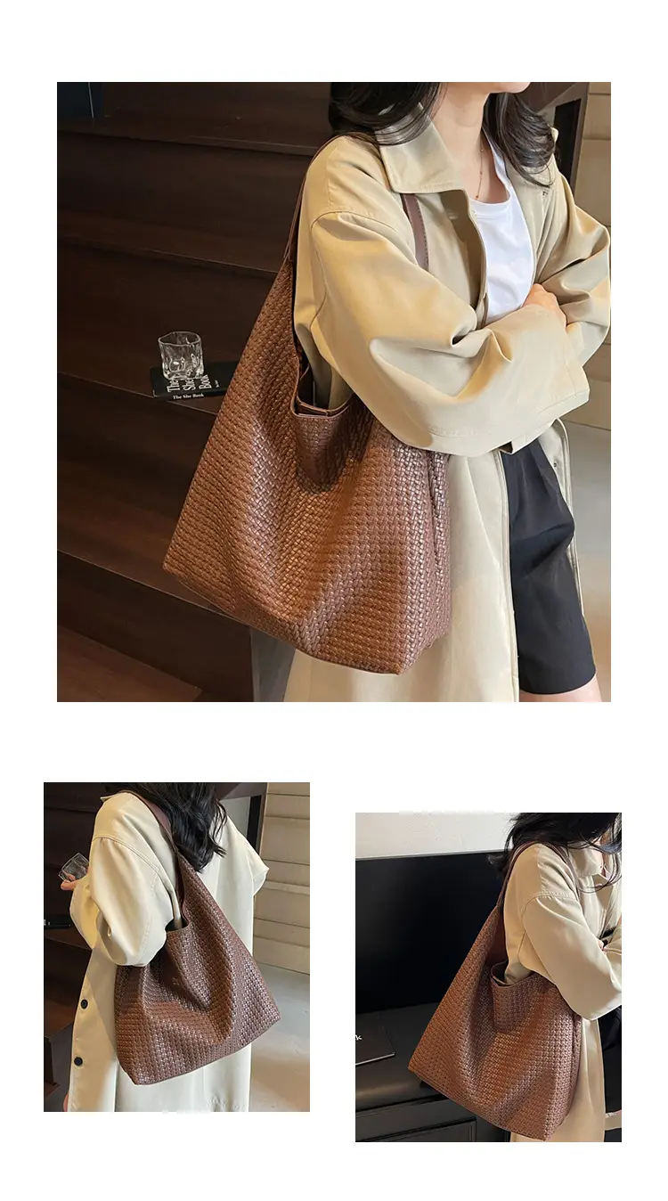 Brown Woven Tote Bag for Women Large Capacity Shoulder Carry — feature 10