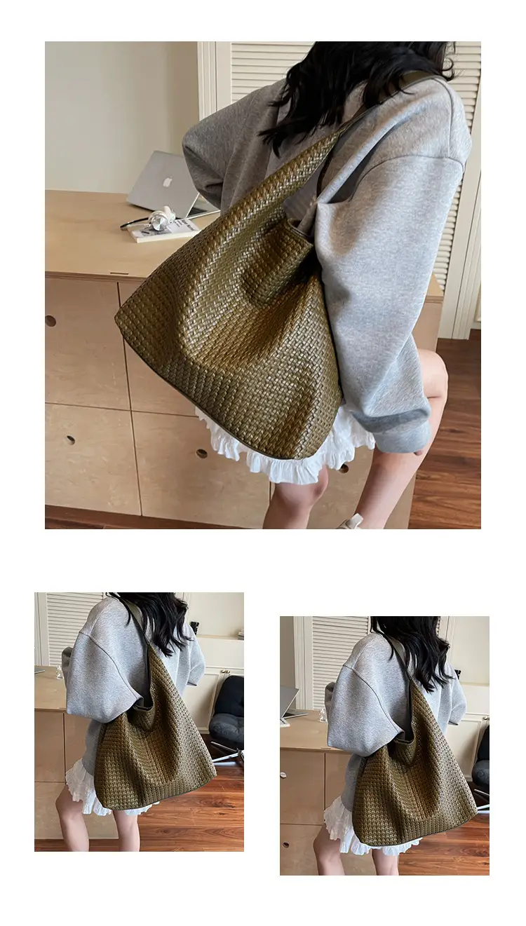 Brown Woven Tote Bag for Women Large Capacity Shoulder Carry — feature 12