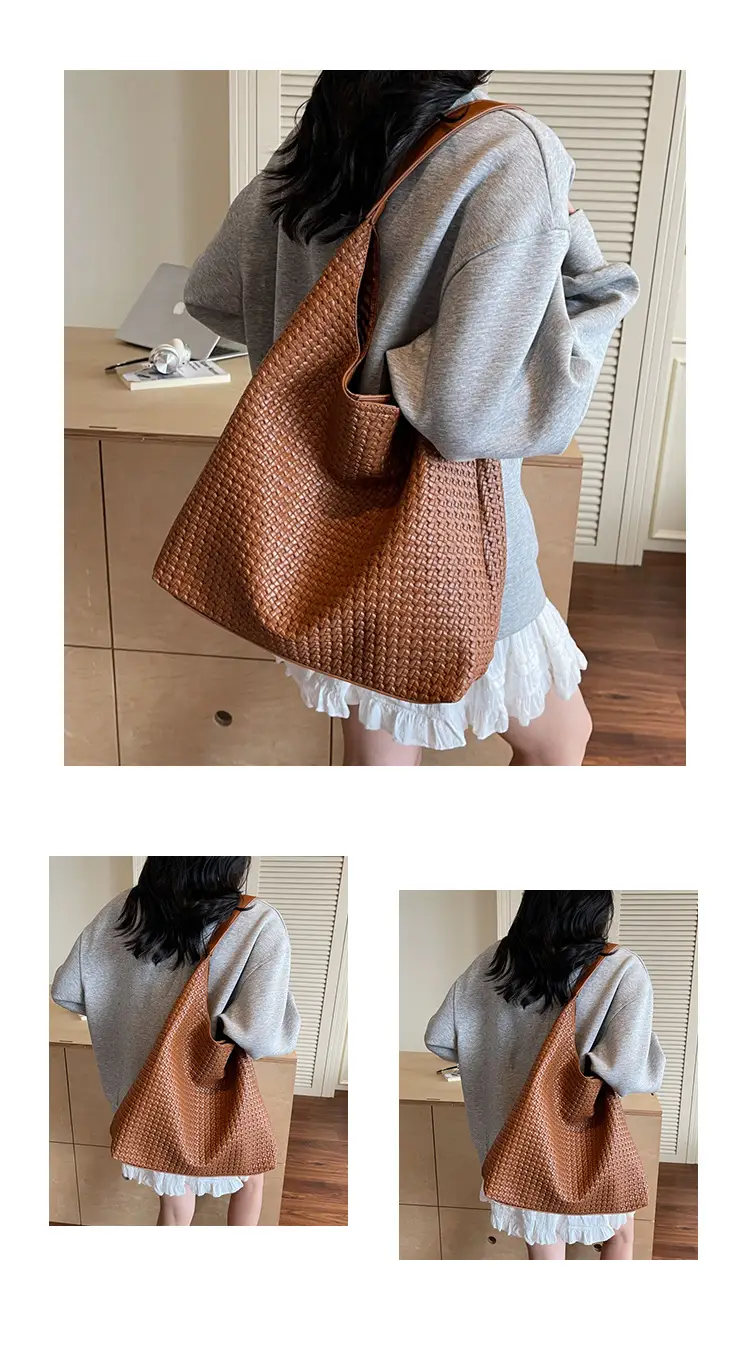 Brown Woven Tote Bag for Women Large Capacity Shoulder Carry — feature 13