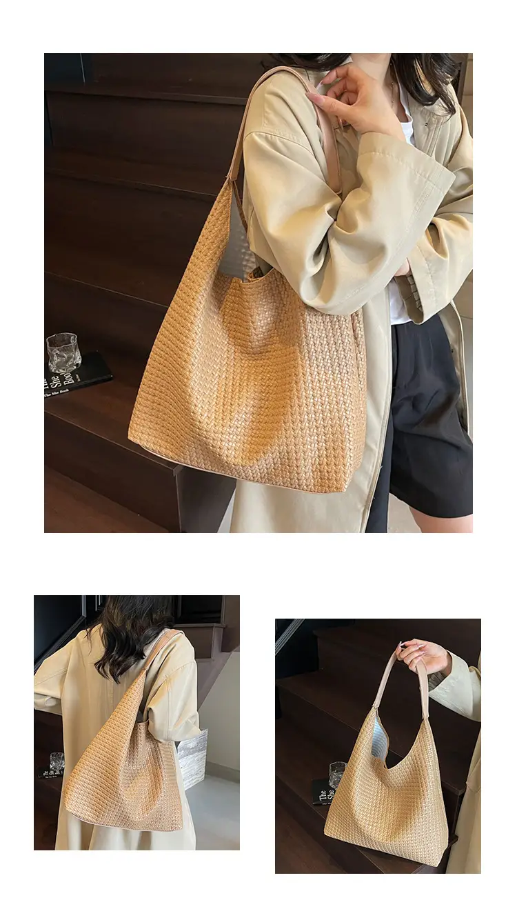 Brown Woven Tote Bag for Women Large Capacity Shoulder Carry — feature 14