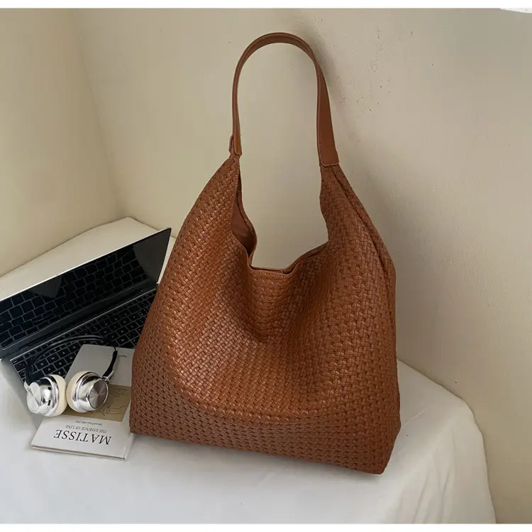 Brown Woven Tote Bag for Women Large Capacity Shoulder Carry — feature 16
