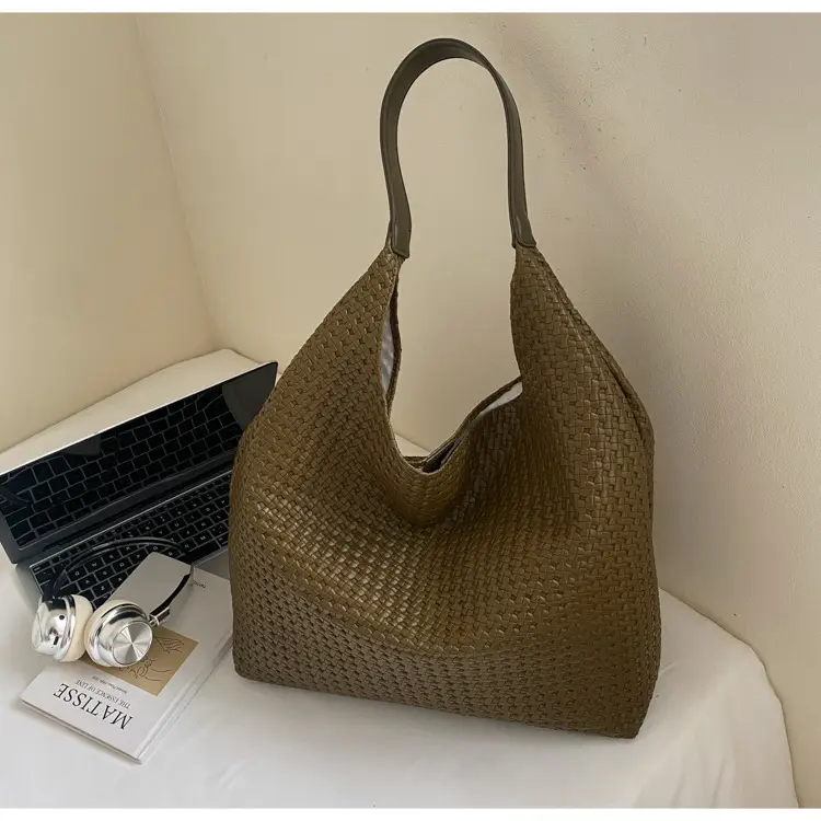 Brown Woven Tote Bag for Women Large Capacity Shoulder Carry — feature 17
