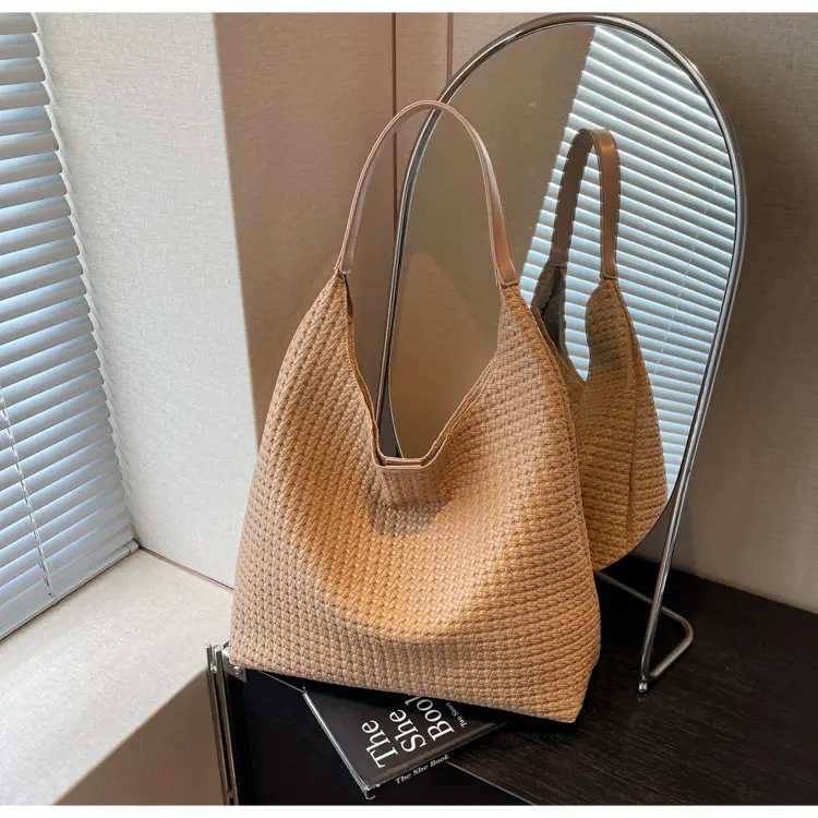 Brown Woven Tote Bag for Women Large Capacity Shoulder Carry — feature 21