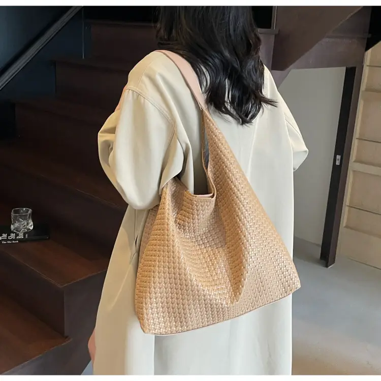 Brown Woven Tote Bag for Women Large Capacity Shoulder Carry — feature 25