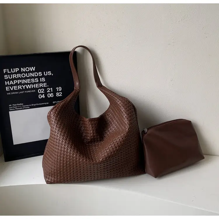 Brown Woven Tote Bag for Women Large Capacity Shoulder Carry — feature 32