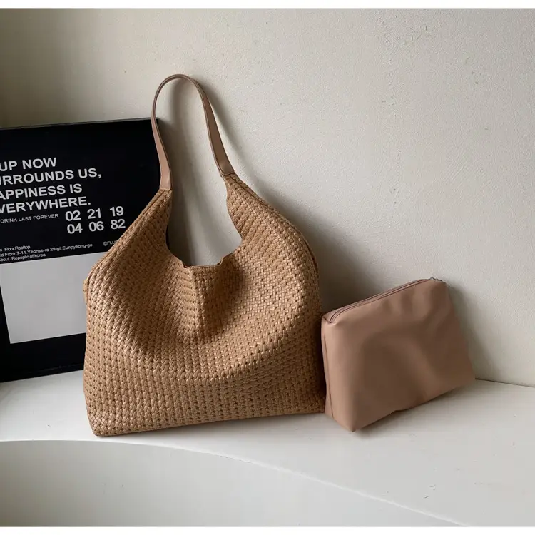 Brown Woven Tote Bag for Women Large Capacity Shoulder Carry — feature 33