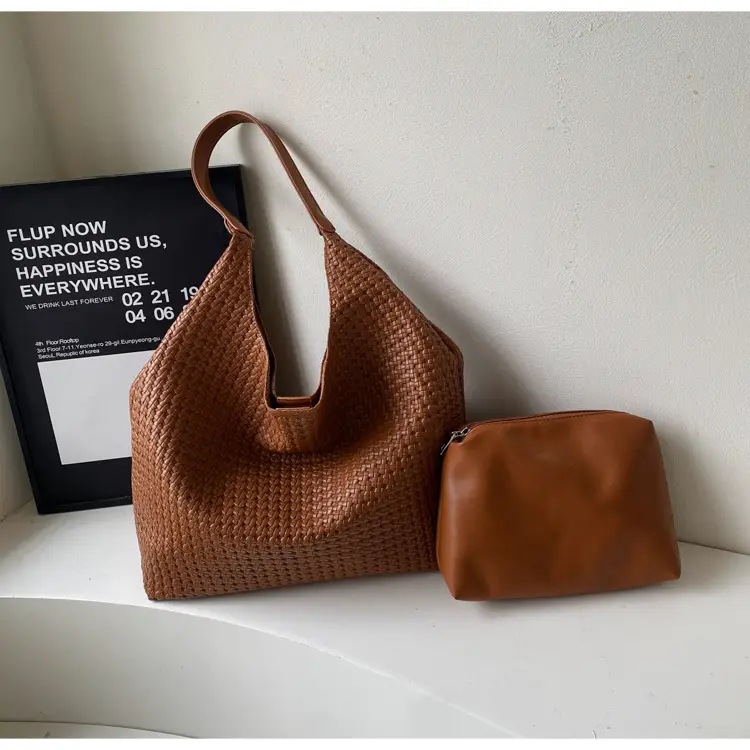 Brown Woven Tote Bag for Women Large Capacity Shoulder Carry — feature 36