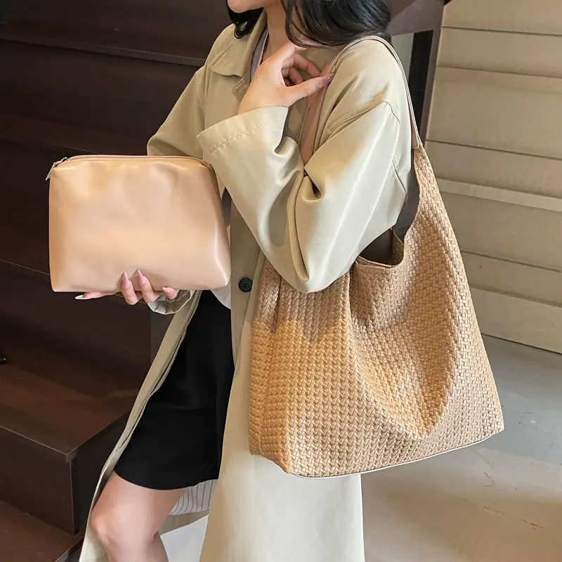 Brown Woven Tote Bag for Women Large Capacity Shoulder Carry - Image 5