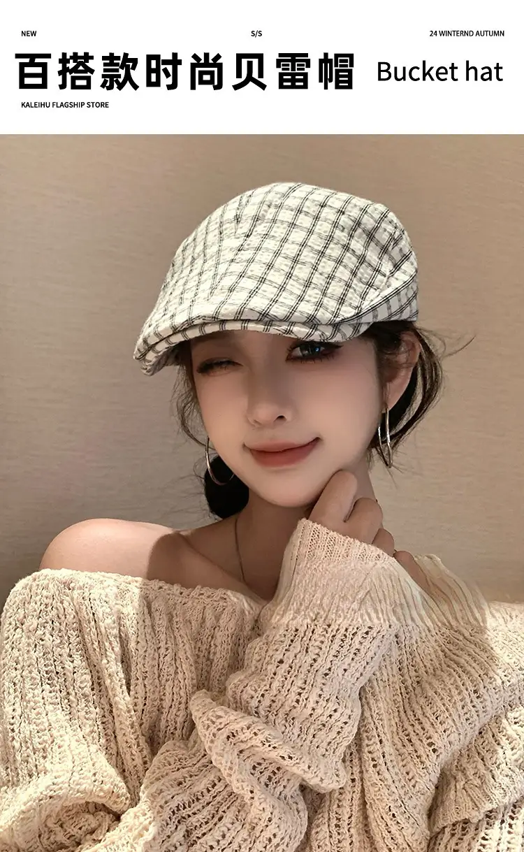 Japanese-Style Plaid Cap for Women Spring Autumn Beret — feature 1