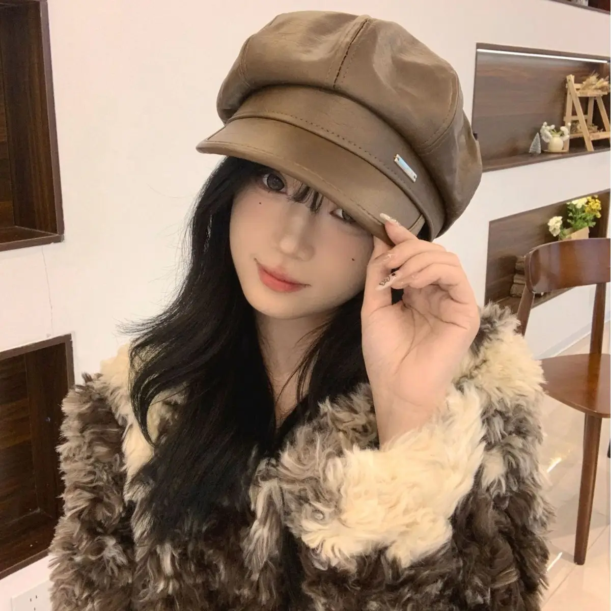 Women Retro Duckbill Hat Brown Faux Fur - Image 6
