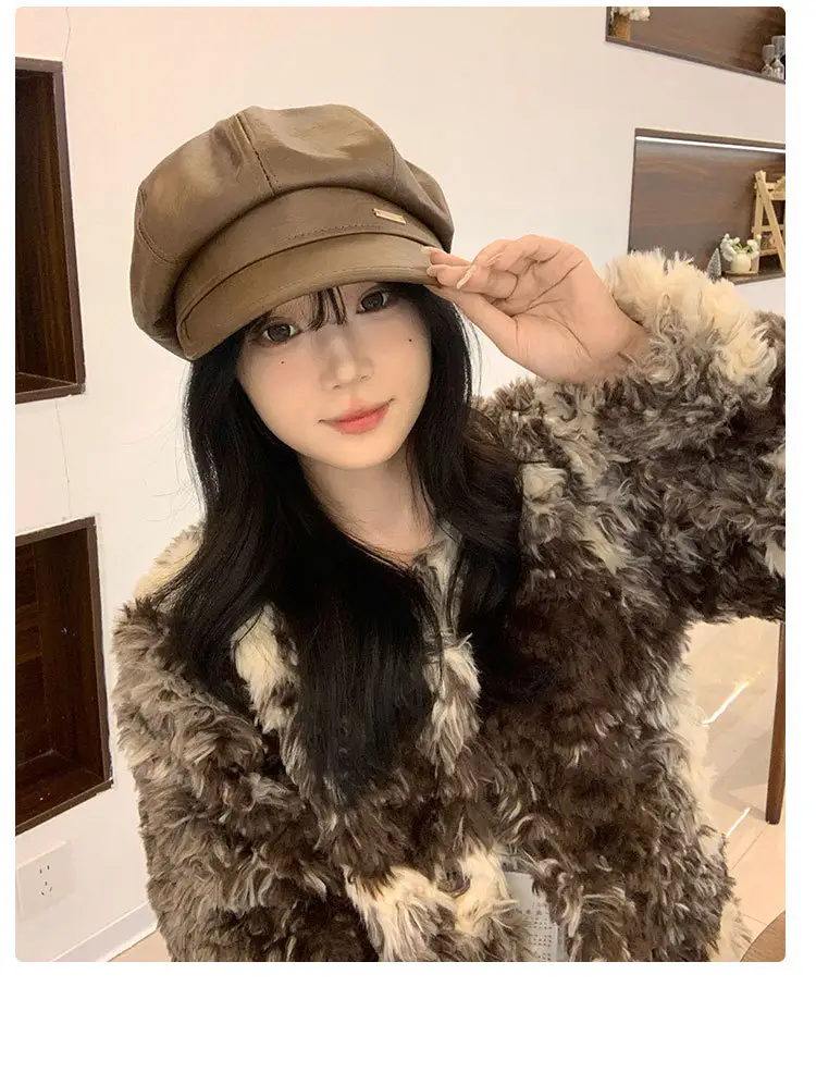 Women Retro Duckbill Hat Brown Faux Fur — feature 13