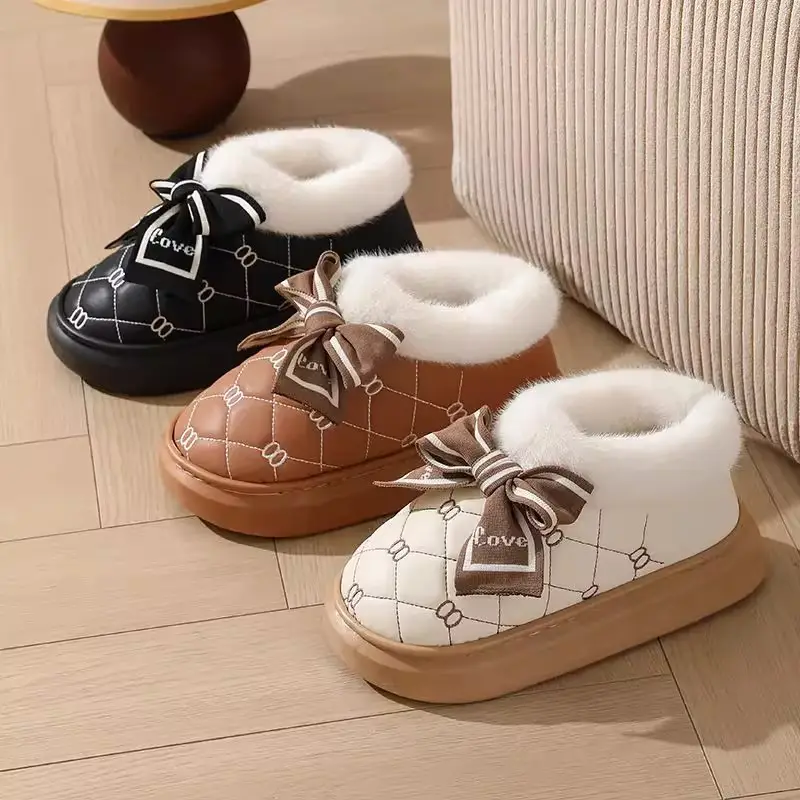 High-Heeled Cotton Slippers for Women, Thick-Soled, Closed-Back, Indoor Home Fashion Versatile Bow Pu Slippers, Winter Thickened and Warm - Image 8