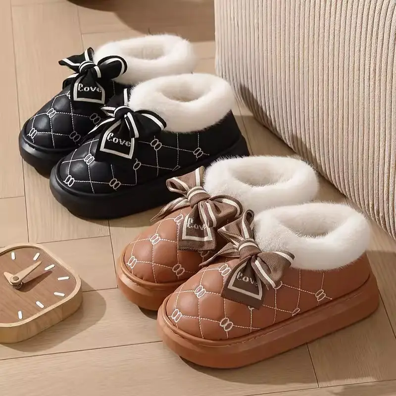 High-Heeled Cotton Slippers for Women, Thick-Soled, Closed-Back, Indoor Home Fashion Versatile Bow Pu Slippers, Winter Thickened and Warm - Image 9