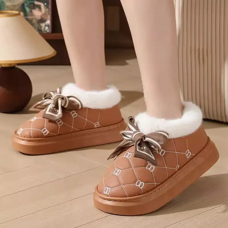 High-Heeled Cotton Slippers for Women, Thick-Soled, Closed-Back, Indoor Home Fashion Versatile Bow Pu Slippers, Winter Thickened and Warm - Image 10