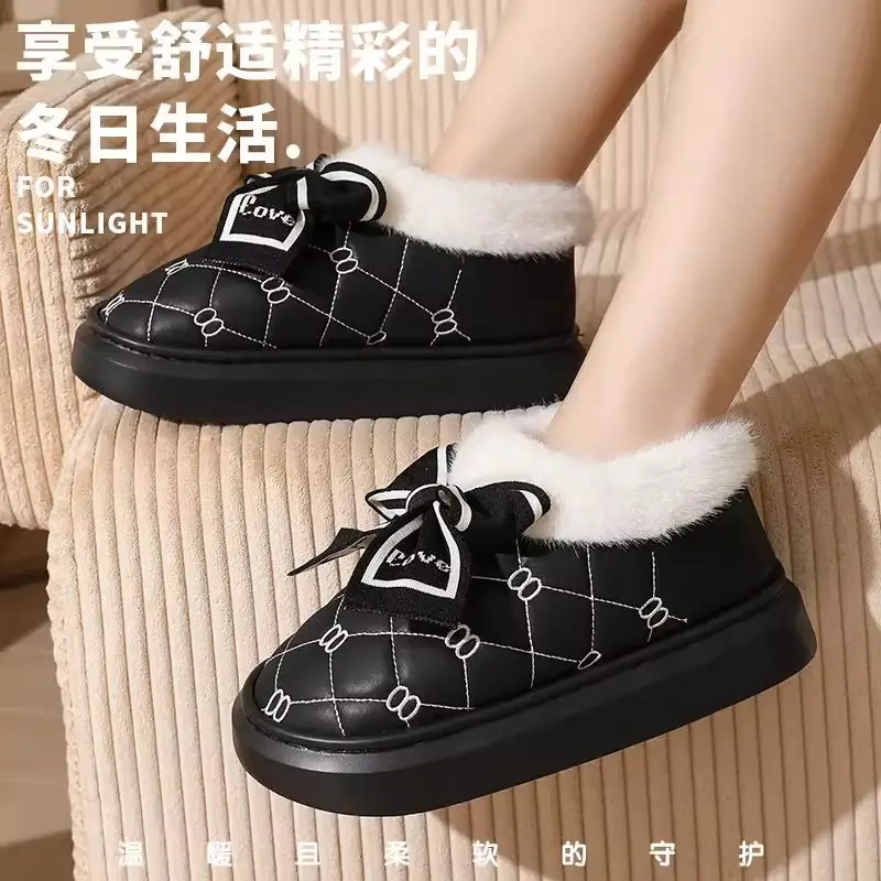 High-Heeled Cotton Slippers for Women, Thick-Soled, Closed-Back, Indoor Home Fashion Versatile Bow Pu Slippers, Winter Thickened and Warm - Image 11