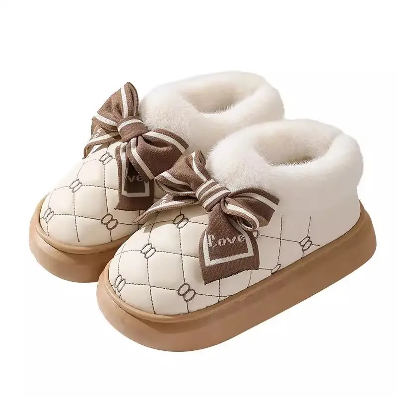 High-Heeled Cotton Slippers for Women, Thick-Soled, Closed-Back, Indoor Home Fashion Versatile Bow Pu Slippers, Winter Thickened and Warm - Image 12
