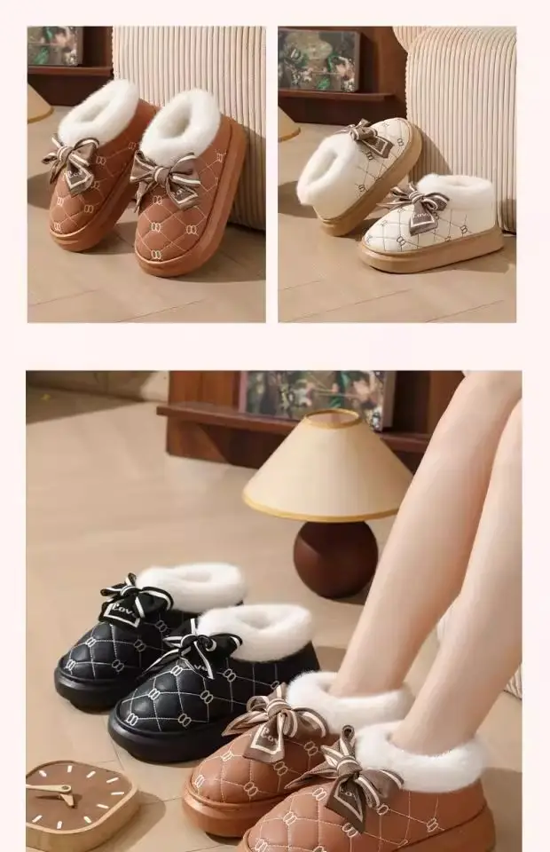 High-Heeled Cotton Slippers for Women, Thick-Soled, Closed-Back, Indoor Home Fashion Versatile Bow Pu Slippers, Winter Thickened and Warm — feature 10